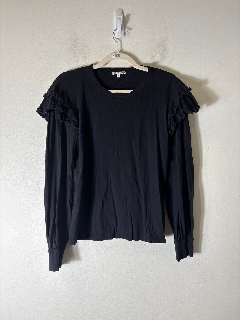 Sundry Black Long Sleeve Cotton Ruffled Shoulder Tee Sz 2